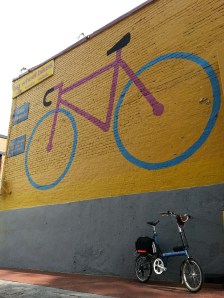 Small-wheeled bike at the Big Wheel Bikes mural. An irresistible photo op.