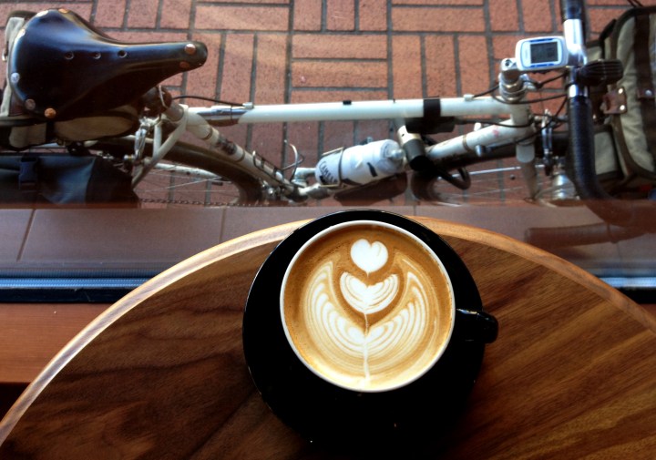 Latte art, and see, that's my bike out there. Photo by Bill Alsup 
