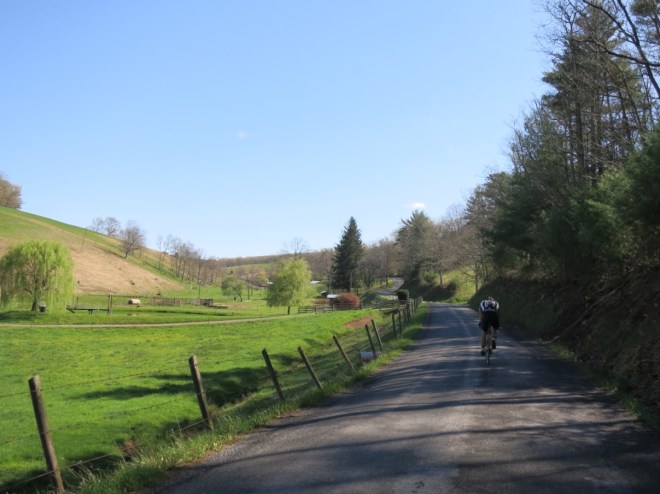 Dylan rides along the valley road