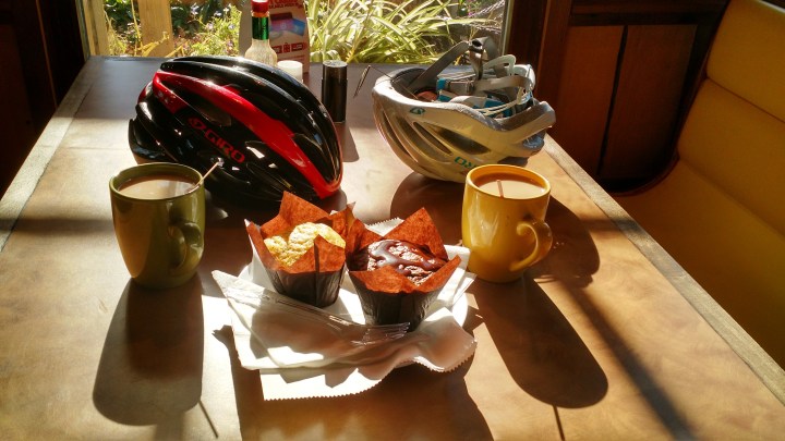 No people, but helmets, treats, and coffee. Photo by Bret and Maria