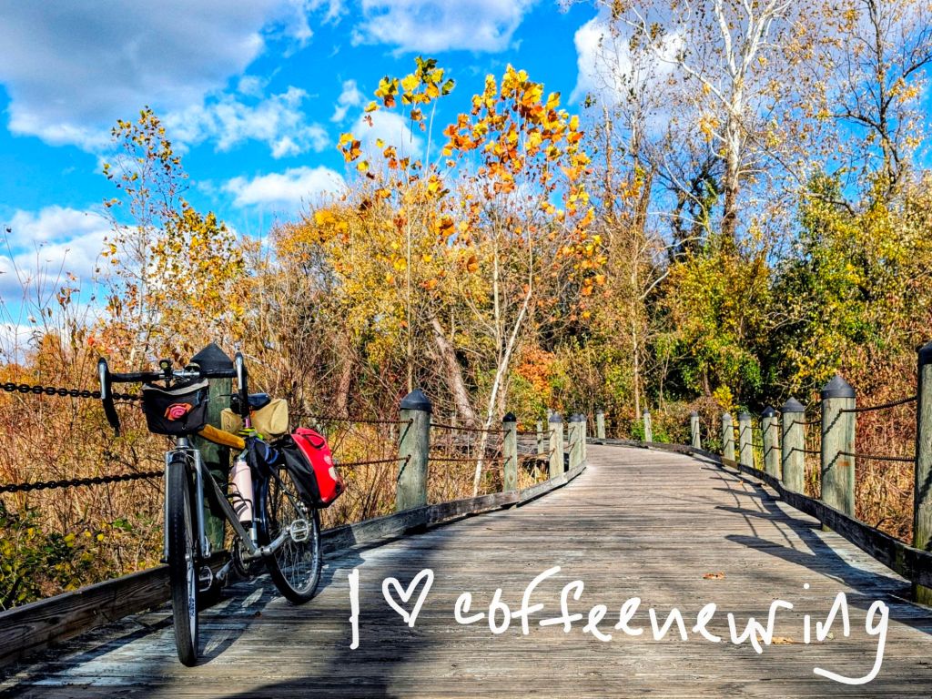bike with fall trees and I heart coffeeneuring message